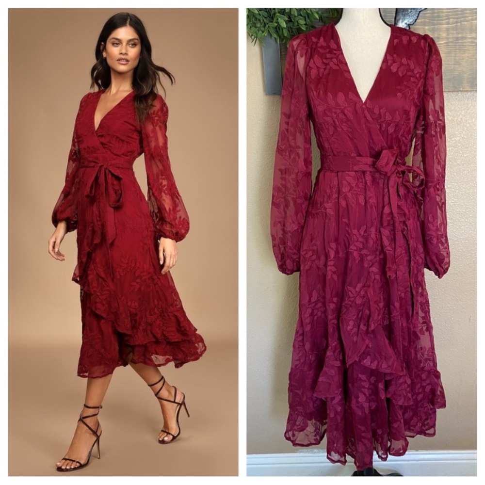 Lulus Spectacular Feeling Burgundy Embroidered Faux Wrap Midi Dress